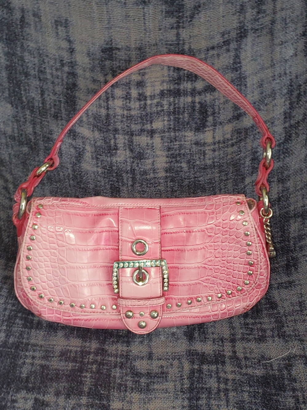 KVZ Pink Croc-Embossed Shoulder Bag with Rhinestone Buckle